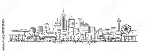 Pedestrians crossing street with city skyline and transit stops