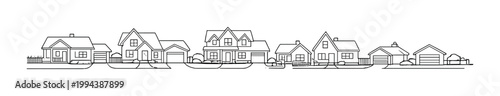Row of suburban houses with garages and front yards