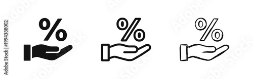 Percentage Discount Icon Set with Hand Holding Percent Sign, Sale and Finance Offer Vector Illustration