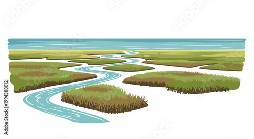 Aerial-perspective illustration showcasing world wetlands day ocean conservation by depicting a winding river flowing through a lush green marshland towards the ocean, rendered