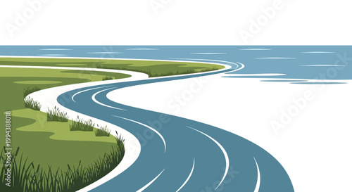 In recognition of world wetlands day ocean conservation, a blue river meanders through a green coastal marsh and flows into the ocean in this illustration, conveying a peaceful and natural
