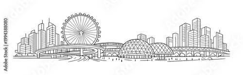 Ferris wheel and domed pavilions amid urban skyline and elevated roads
