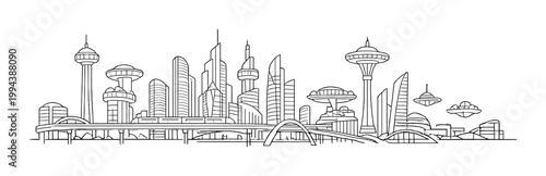 Futuristic skyline with elevated roads and flying platforms