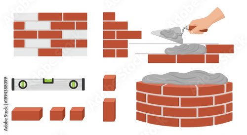 Bricklaying process with tools bricks mortar level and trowel illustrated