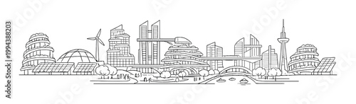 Eco city with green buildings, wind turbine and solar panels