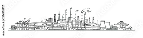 Industrial skyline with factories, smokestacks and port cranes