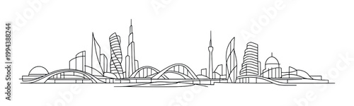 Outlined city skyline with arched bridges on gray gradient