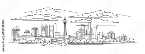 City skyline with central tower and curved bridge by river