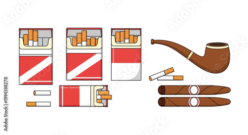 An assortment of tobacco products including cigarettes cigars and a pipe