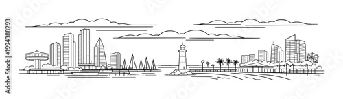 Coastal city skyline with lighthouse and marina between harbors