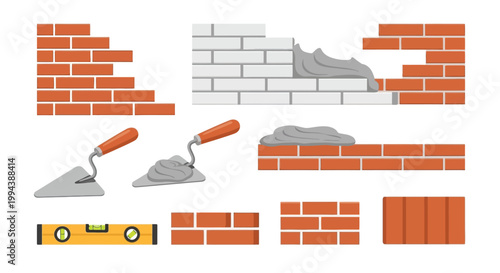 Bricklaying tools and materials bricks mortar trowels and a level
