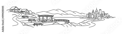 Coastal picnic area with boardwalk and city skyline beyond hills