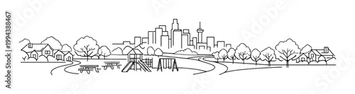 Playground and picnic area with paths and distant city skyline