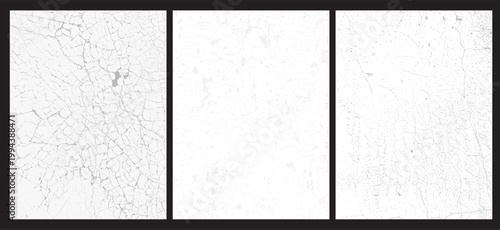 Set of white concrete walls with a textured plastering relief pattern. Grunge vector texture. Dust overlay background design. Old white pastel paper. White plaster texture. Concrete walls with cracks.