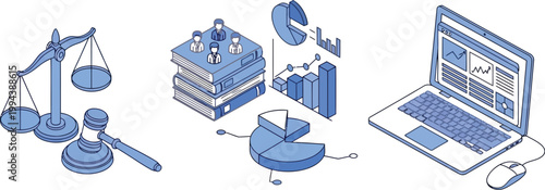 Isometric illustration depicting law data and technology concepts combined