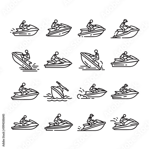 Collection of linear icons showing individuals riding personal watercraft in various dynamic poses during daylight