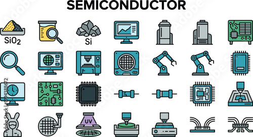 Semiconductor technology icon set featuring silicon materials, microchips, fabrication equipment, integrated circuits and electronic manufacturing processes