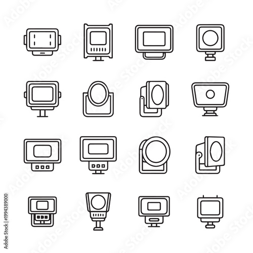 Various studio lighting equipment icons with clean lines on a white background