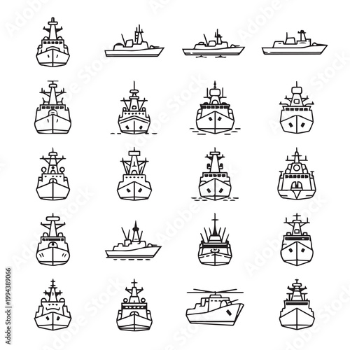 Naval fleet collection with diverse warship silhouettes and helicopter in a clean graphic style