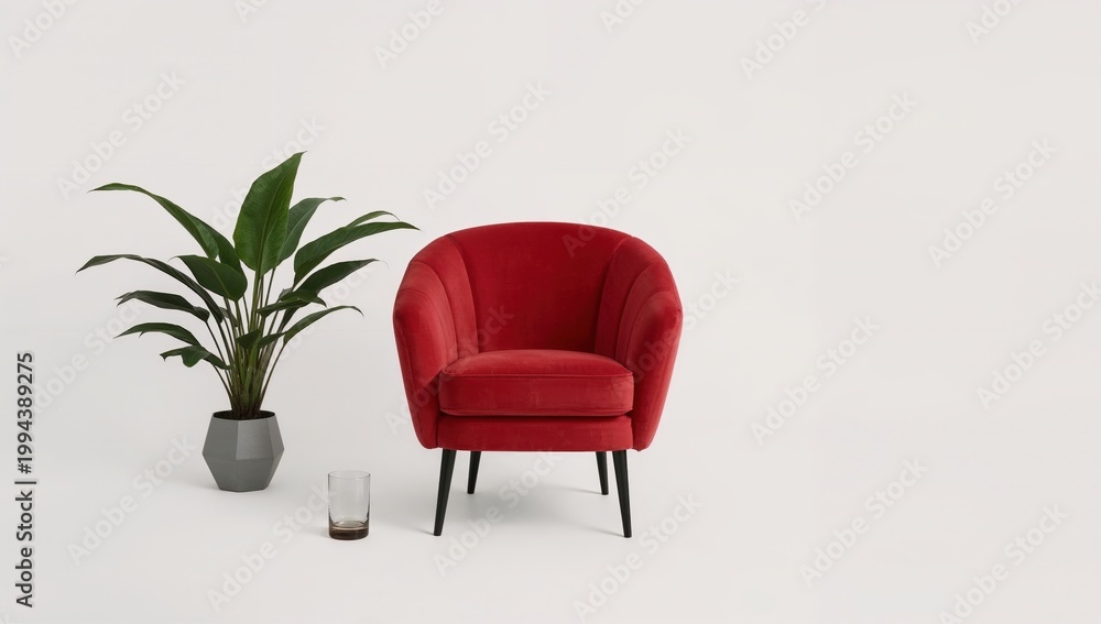 Fototapeta premium Modern red armchair, potted plant, and glass on white background minimalist interior decor scene