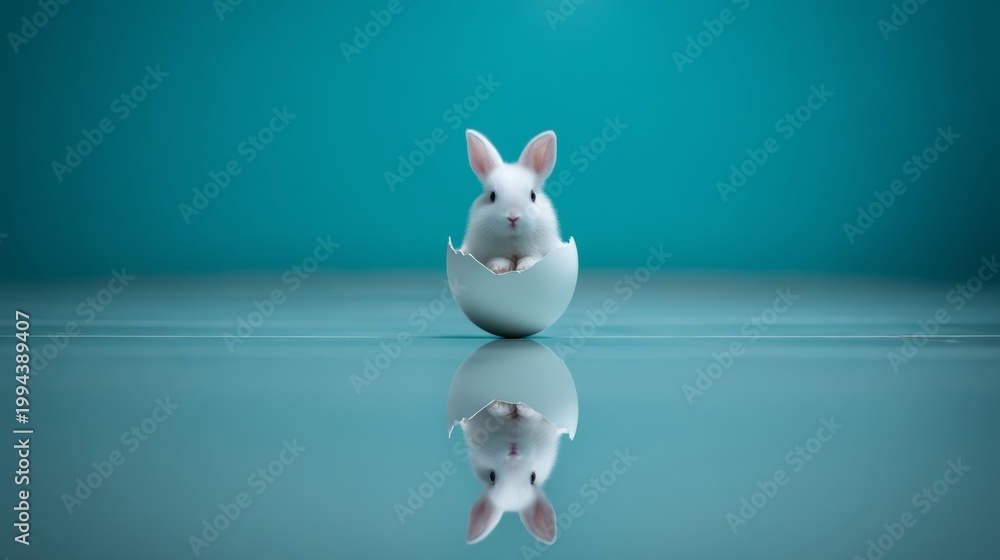 Fototapeta premium business strategy, growth, leadership concept, Whimsical Surreal Bunny with Intriguing Egg Installation on Floor Plane