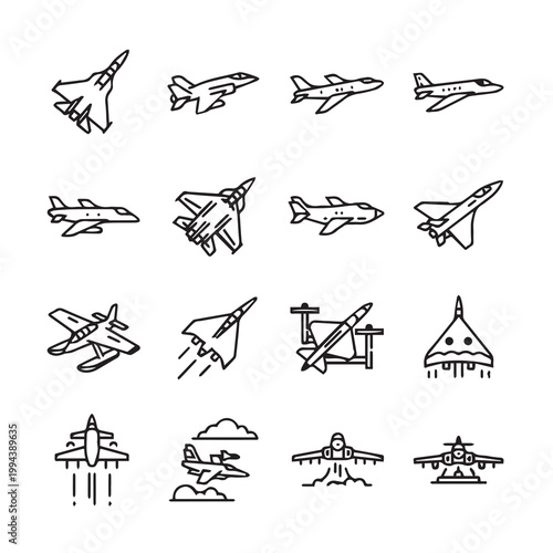 Collection of various airplane icons in a clean outline style on a white background