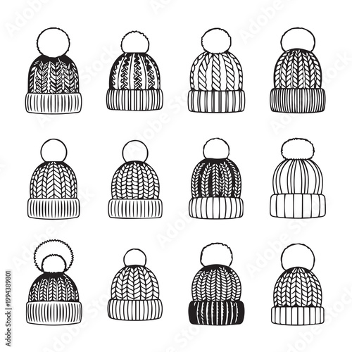 Collection of knitted winter hats with pom-poms in a clean line art style