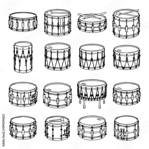 Collection of snare drums in a sketch style on a white background