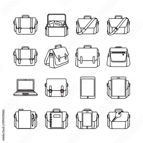 Set of briefcase and satchel line drawings with laptop and tablet icons on white background