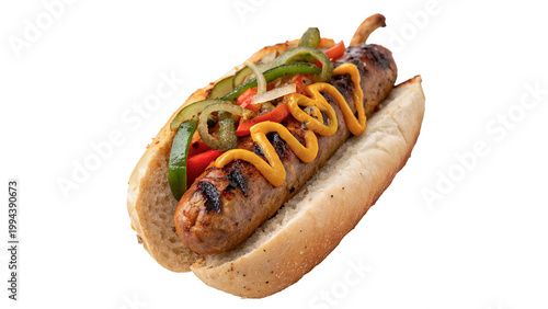 Delicious sausage on a bun with peppers and mustard isolated on transparent background cut out