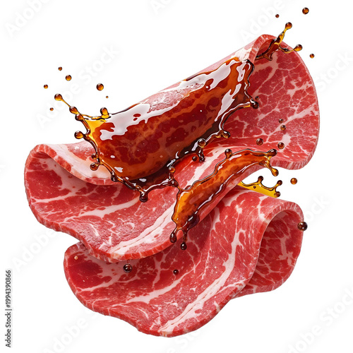 Beef slices splashing with soy sauce isolated on white