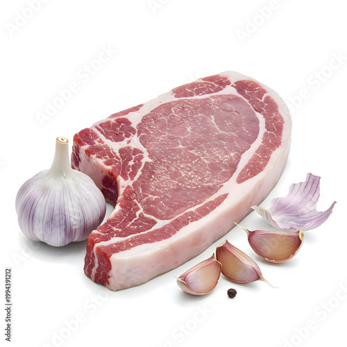 Raw pork steak with garlic cloves isolated on white