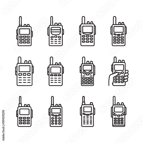 Collection of line art walkie-talkie icons for communication and technology concepts