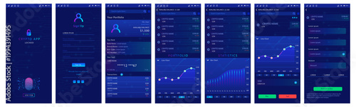 High-quality UI/UX mockups for cryptocurrency mobile app in futuristic dark blue theme. Features sign up, portfolio with balance, crypto listings, line and bar charts, buy sell interface. Ideal for fi