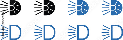 Car light dashboard icon set, automotive headlamp indicator symbols including dipped beam LED warning lights and panel icons in clean vector style for vehicle UI dashboard interface design.