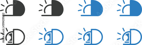 Car light dashboard icon, vehicle dipped beam and LED headlight indicator panel warning symbols set in black blue green for automotive UI and dashboard design.