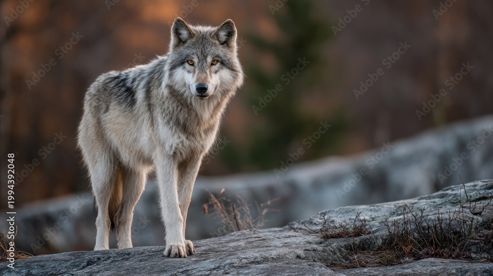 Fototapeta premium Majestic wolf standing on a rocky surface
