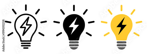 electric light bulb icons with lightning bolt