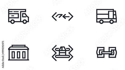 Vector Transport Icons: A set of six meticulously crafted vector icons showcases diverse modes of transport. This collection includes a mobile home, code sync, passenger bus, railway station.