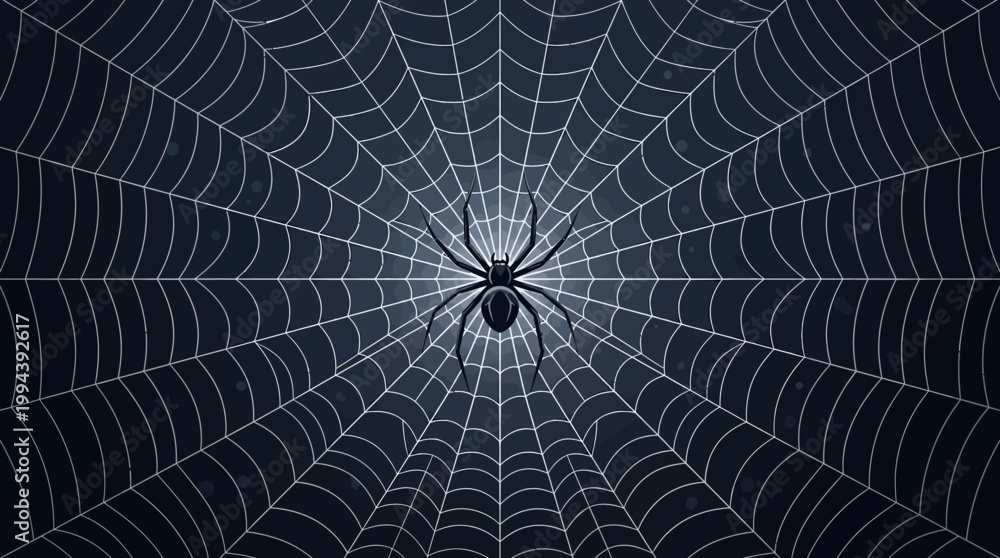 Fototapeta premium A single black spider centered on a perfectly symmetrical circular web.