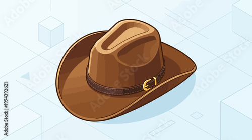 A detailed brown leather cowboy hat illustration on a light blue background.