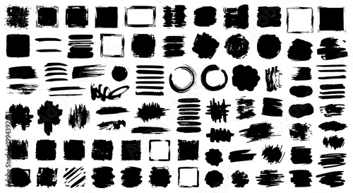 Paint brush strokes. Black vector rough edge rectangles. Grunge square frames set. Jagged edge torn paper background collection. Grungy distressed text boxes. Transparent background PNG version.
