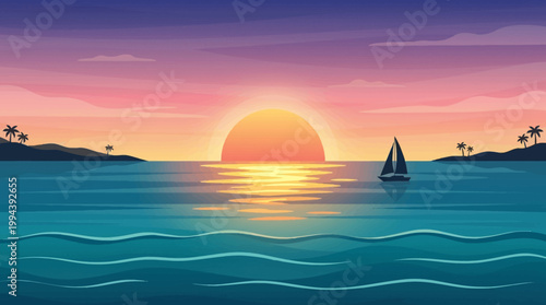 A solitary sailboat drifting across the calm ocean waters during a vibrant sunset.