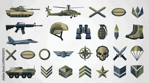 Collection of military icons and army equipment set.