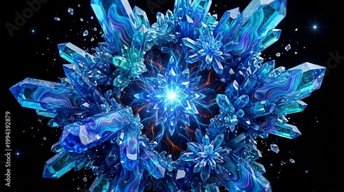 Blue Crystal Explosion Blue Crystals Crystal Explosion Abstract Art Gemstone Light Effects 3D Rendering Fantasy. Concept featuring blue crystals, crystal explosion, abstract art, gemstone, light ef...