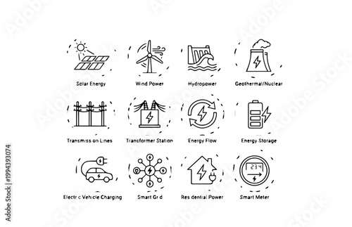 Set of twelve hand drawn sustainable energy and technology icons.