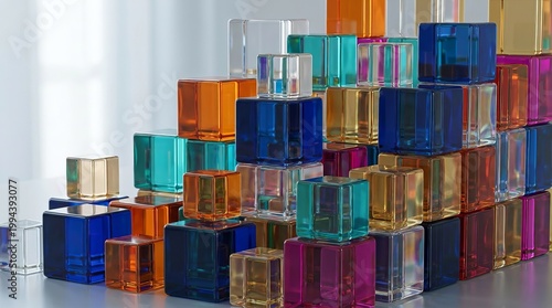 Colorful Stacked Acrylic Blocks Acrylic Blocks Colorful Transparent Artistic Display Stacked Vibrant Colors Geometric Shapes. Concept featuring acrylic blocks, colorful, transparent, artistic displ...