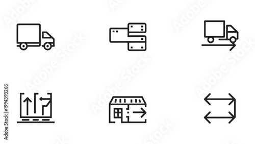 Logistical Icons: A comprehensive set of minimalistic line art icons representing various aspects of logistics and transportation.