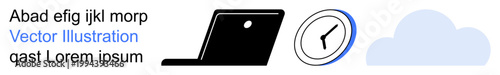 Remote work, time tracking, cloud computing, online productivity tools, technology use, digital workspace. Icons of a laptop, clock and cloud. Remote work and time tracking concepts