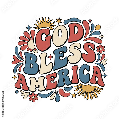 Quadro em tela Retro god bless america typography with flowers and sunbursts fourth of july mem